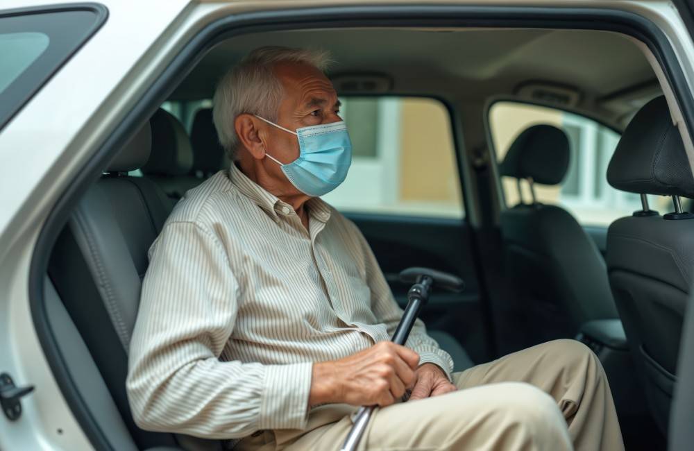 malade-sortant-d-un-taxi-medicalise Personne âgée sortant d'un taxi médicalisé