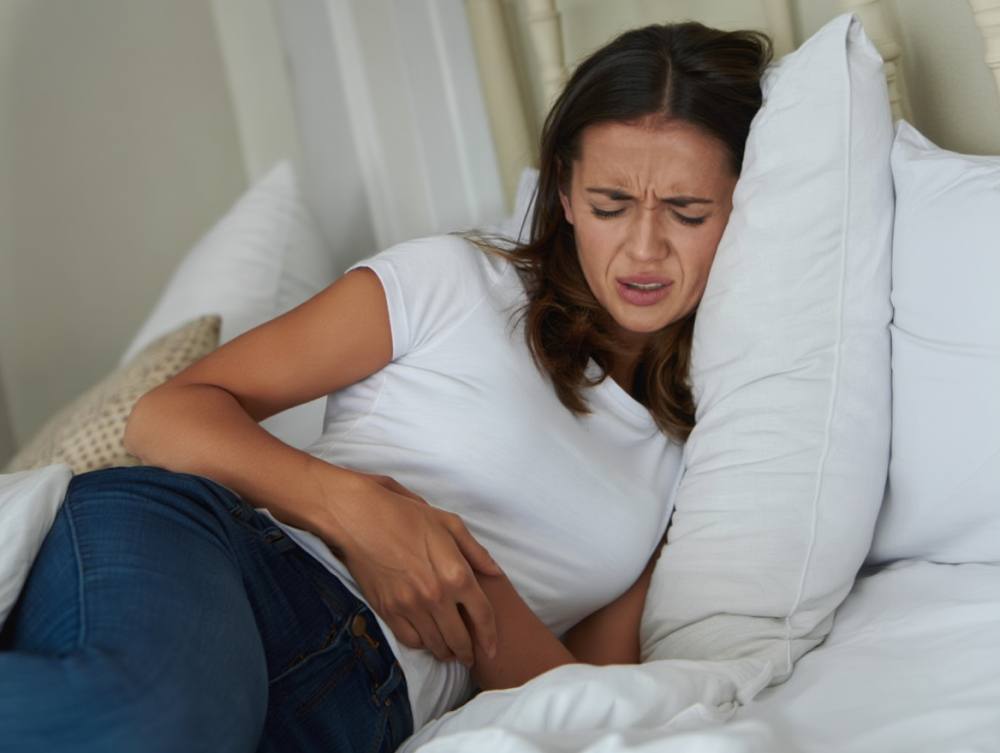 femme-allongee-sur-son-lit-douleurs-abdominales-adenomyose Femme allongée sur son lit douleurs abdominales adénomyose