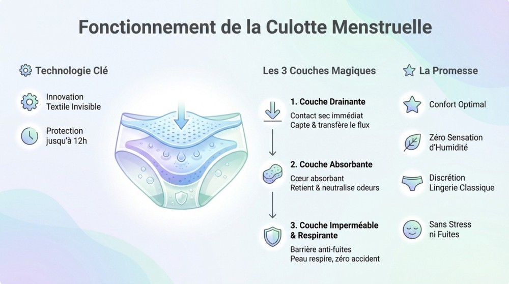 Infographie avec description détaillée des avantages de la culotte menstruelle et comment bien la choisir