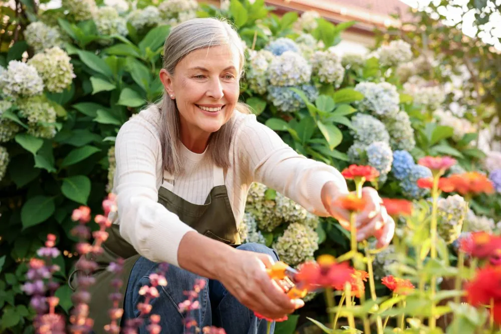 Femme dans son jardin ayant une bonne mutuelle senior