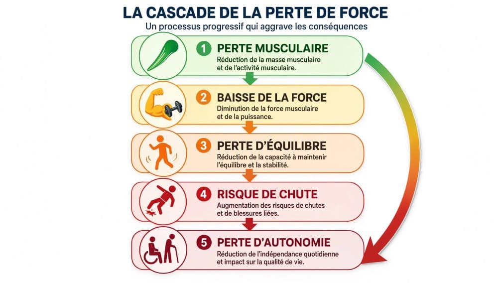Infographie cascade perte musculaire après 70 ans risque de chute et perte d'autonomie