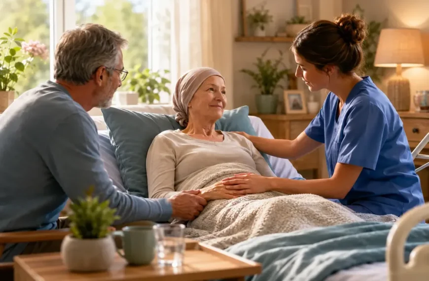 Soins palliatifs montrant un couple avec une malade du cancer