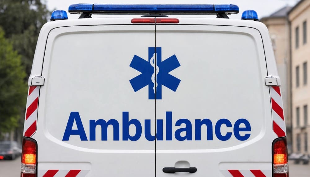 Arrière d'une ambulance avec croix bleue