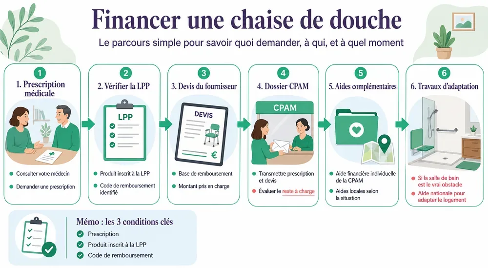 Les aides pour financer une chaise de douche : LPPR, caisse de retraite, APA et credit d'impot