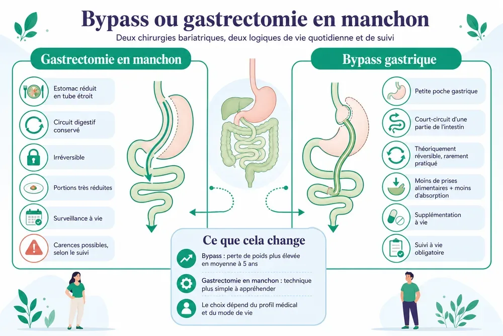 Bypass ou gastrectomie en manchon. Deux chirurgies bariatriques, deux logiques de vie quotidienne et de suivi.