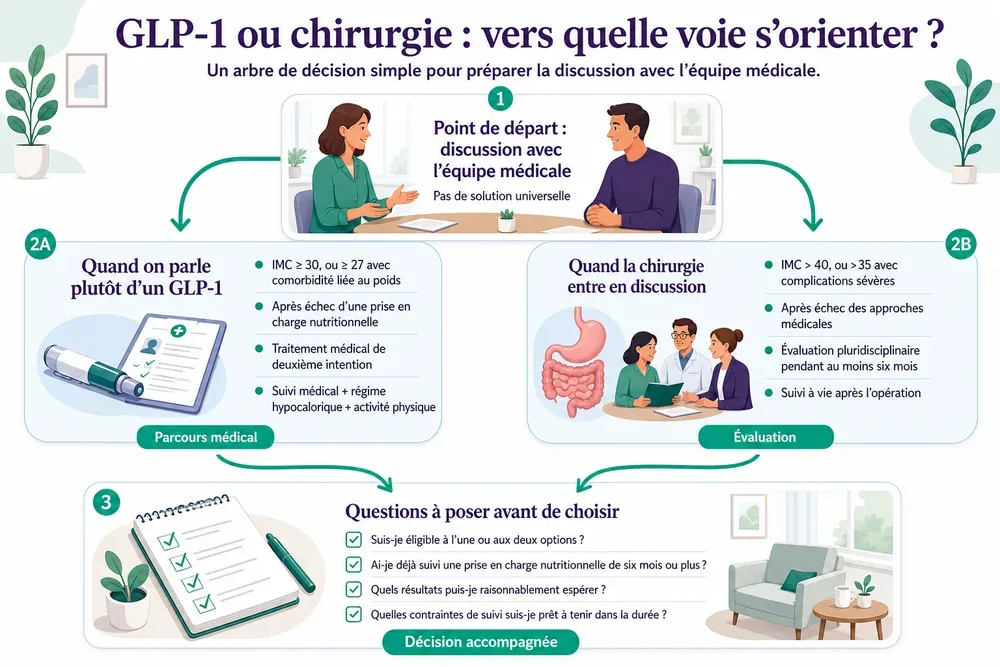 GLP-1 ou chirurgie : vers quelle voie s’orienter ?. Un arbre de décision simple pour préparer la discussion avec l’équipe médicale.