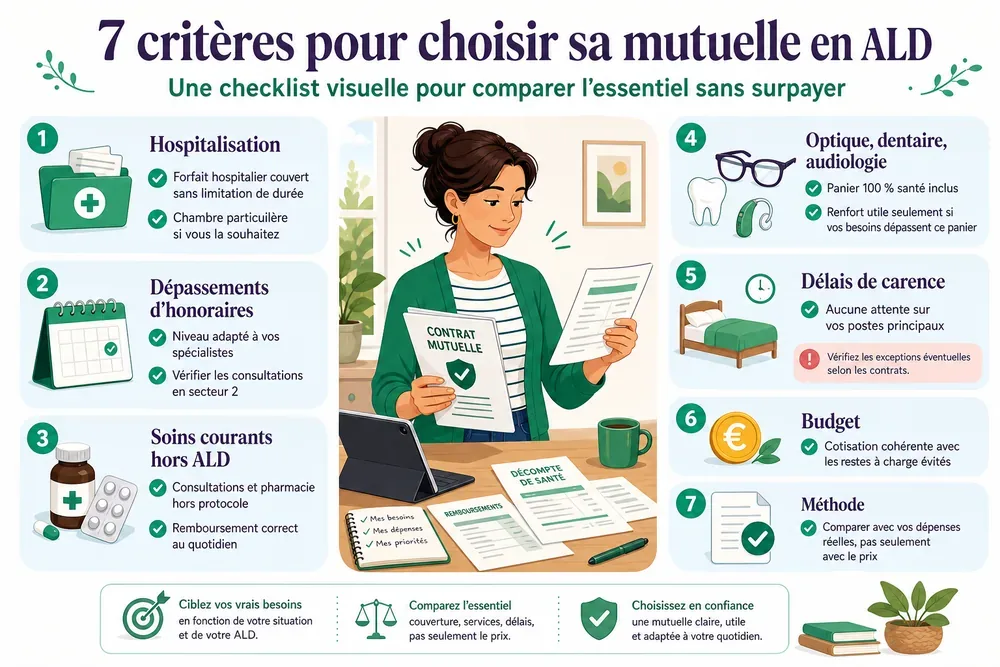 7 critères pour choisir sa mutuelle en ALD : une checklist visuelle pour comparer l’essentiel sans surpayer