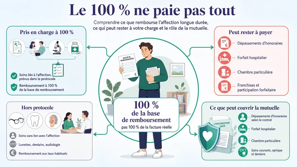 Le 100 % ne paie pas tout : comprendre ce que rembourse l’affection longue durée, ce qui peut rester à votre charge et le rôle de la mutuelle.