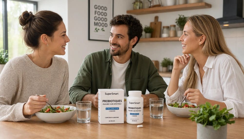 Probiotiques SuperSmart sur une table avec trois personnes