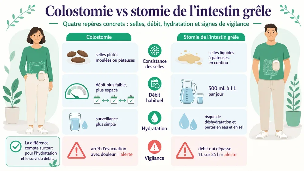 Colostomie et iléostomie comparées sur quatre repères : consistance des selles, débit, hydratation et signes de vigilance