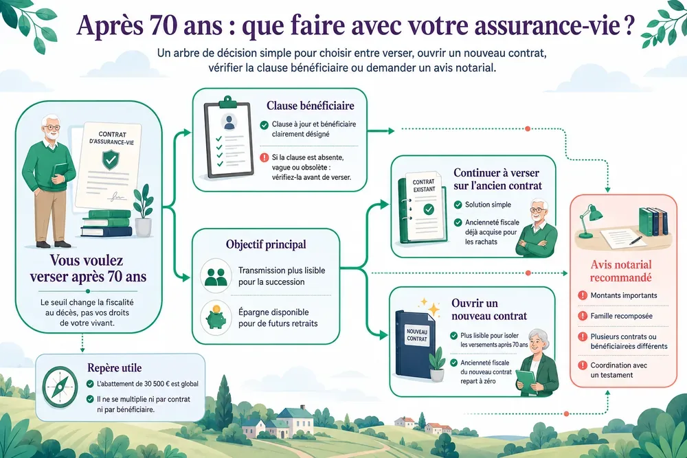 Après 70 ans : que faire avec votre assurance-vie ?. Un arbre de décision simple pour choisir entre verser, ouvrir un nouveau contrat, vérifier la clause bénéficiaire ou demander un avis notarial.