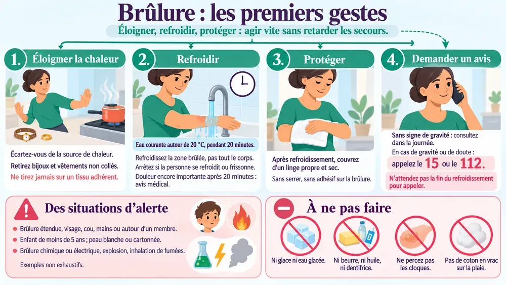 Brûlure : les premiers gestes. Éloigner, refroidir, protéger : agir vite sans retarder les secours.