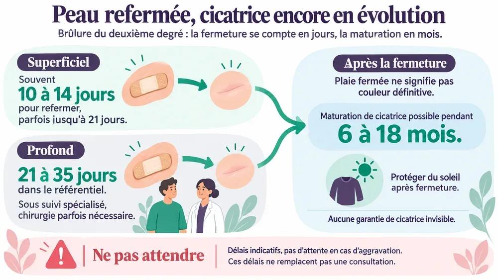 Peau refermée, cicatrice encore en évolution. Brûlure du deuxième degré : la fermeture se compte en jours, la maturation en mois.