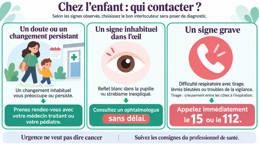 Chez l’enfant : qui contacter ?. Selon les signes observés, choisissez le bon interlocuteur sans poser de diagnostic.