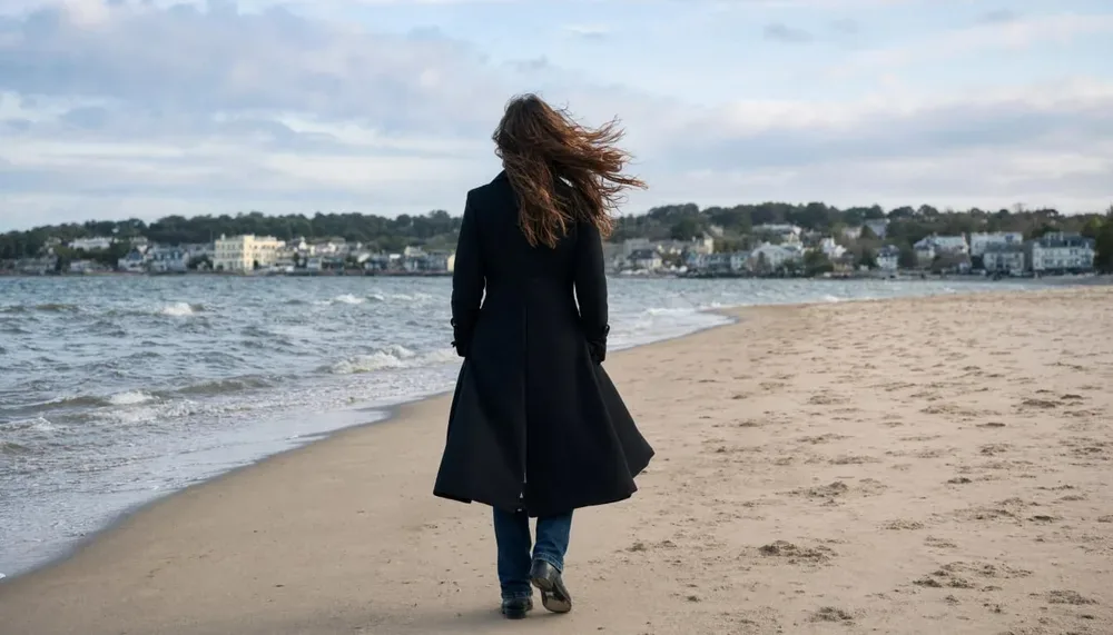 Une femme vue de dos se promène sur une plage, en manteau sombre, face au bord de mer.