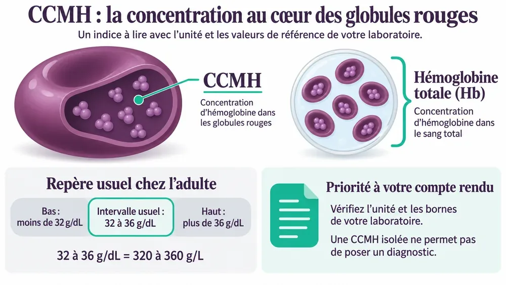 CCMH : la concentration au cœur des globules rouges. Un indice à lire avec l’unité et les valeurs de référence de votre laboratoire.