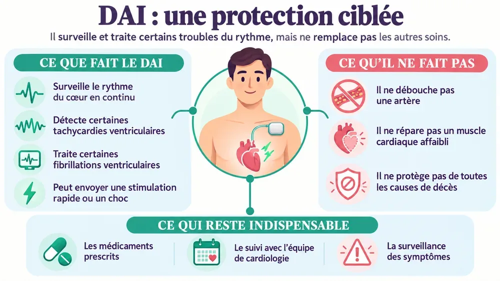 DAI : une protection ciblée. Il surveille et traite certains troubles du rythme, mais ne remplace pas les autres soins.