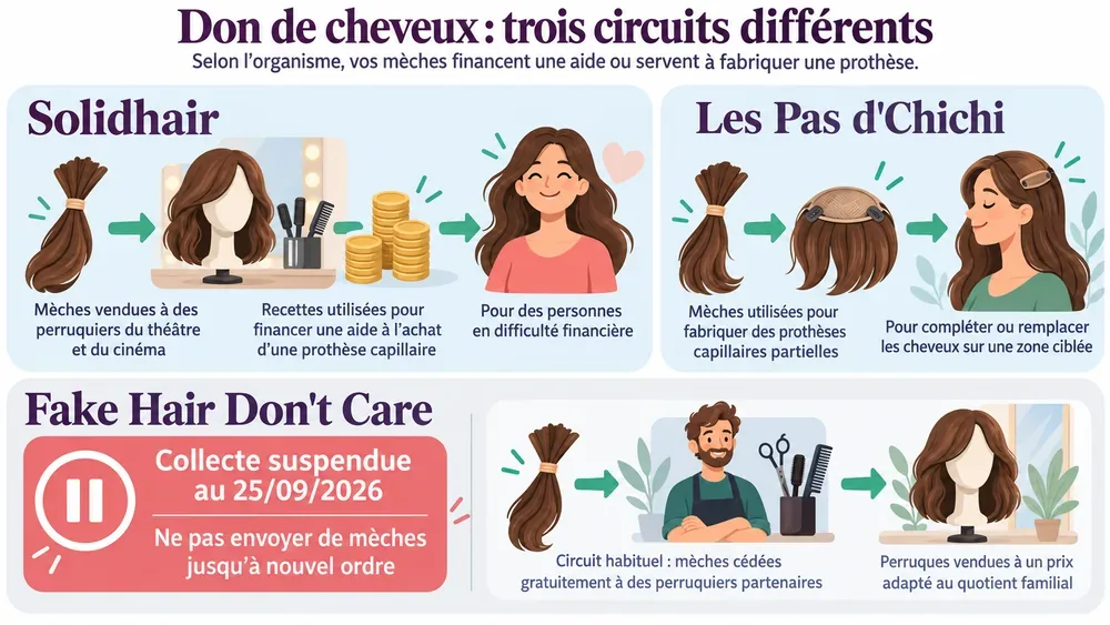 Don de cheveux : trois circuits différents. Selon l’organisme, vos mèches financent une aide ou servent à fabriquer une prothèse.