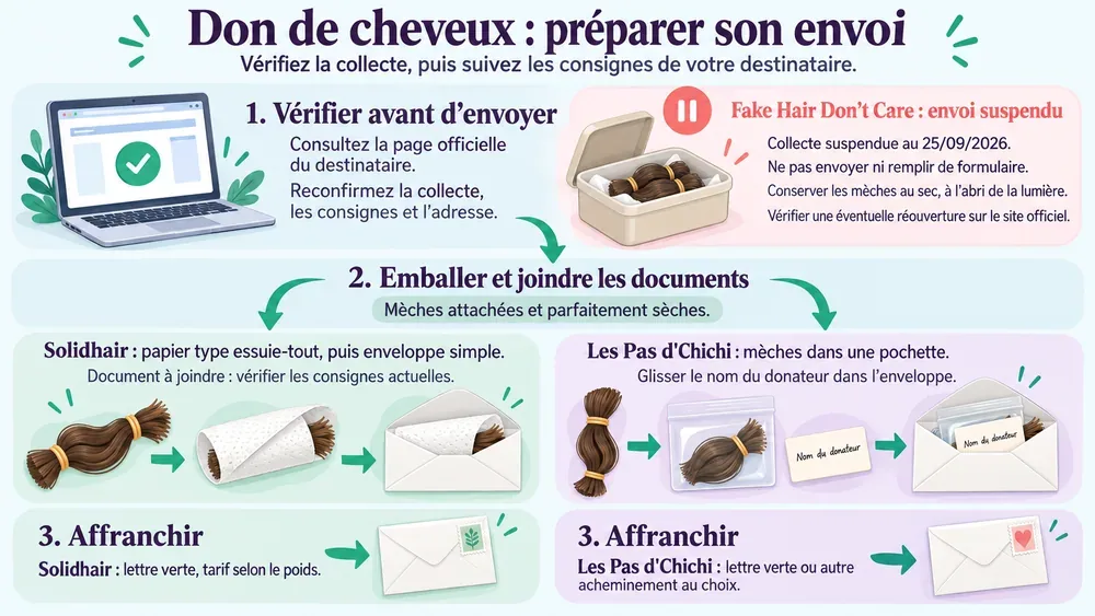 Don de cheveux : préparer son envoi. Vérifiez la collecte, puis suivez les consignes de votre destinataire.