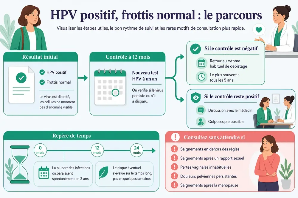HPV positif, frottis normal : le parcours. Visualiser les étapes utiles, le bon rythme de suivi et les rares motifs de consultation plus rapide.
