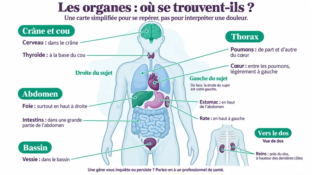Les organes : où se trouvent-ils ?. Une carte simplifiée pour se repérer, pas pour interpréter une douleur.