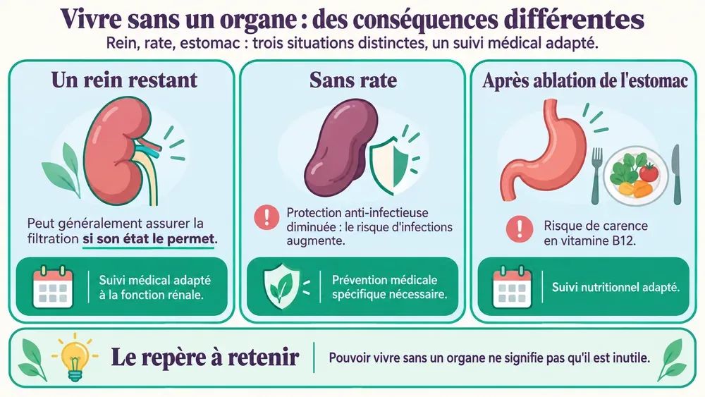 Vivre sans un organe : des conséquences différentes. Rein, rate, estomac : trois situations distinctes, un suivi médical adapté.
