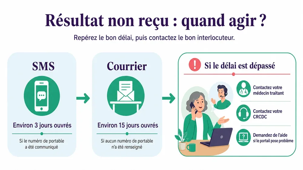 Résultat non reçu : quand agir ?. Repérez le bon délai, puis contactez le bon interlocuteur.