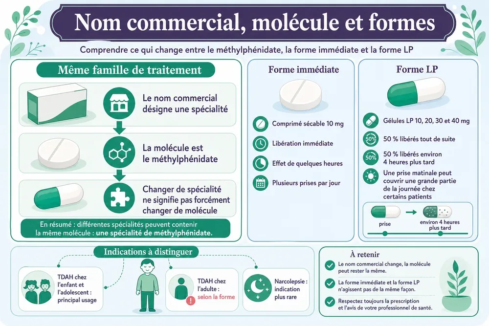 Nom commercial, molécule et formes : comprendre ce qui change entre le méthylphénidate, la forme immédiate et la forme LP