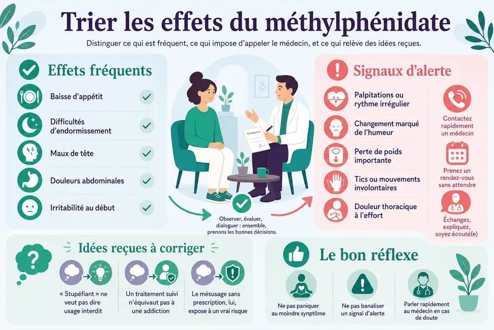 Trier les effets du méthylphénidate : distinguer ce qui est fréquent, ce qui impose d’appeler le médecin, et ce qui relève des idées reçues.