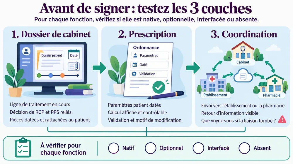 Avant de signer un logiciel oncologue : testez les 3 couches. Pour chaque fonction, vérifiez si elle est native, optionnelle, interfacée ou absente.