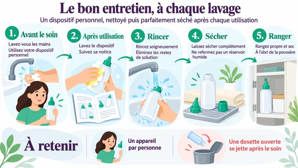 Le bon entretien, à chaque lavage : un dispositif personnel, nettoyé puis parfaitement séché après chaque utilisation