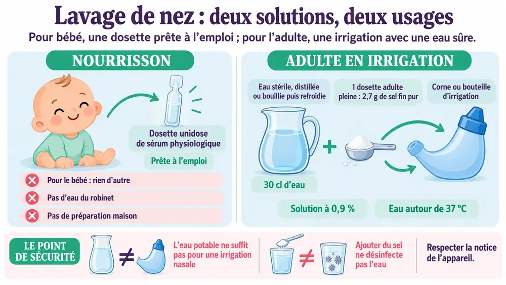 Lavage de nez : deux solutions, deux usages. Pour bébé, une dosette prête à l’emploi ; pour l’adulte, une irrigation avec une eau sûre.