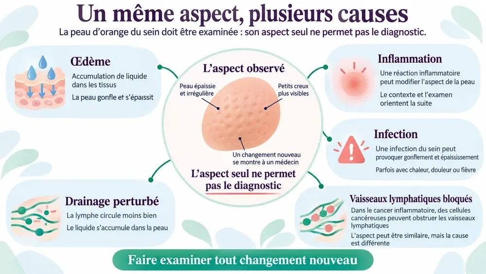 Un même aspect, plusieurs causes. La peau d’orange du sein doit être examinée : son aspect seul ne permet pas le diagnostic.