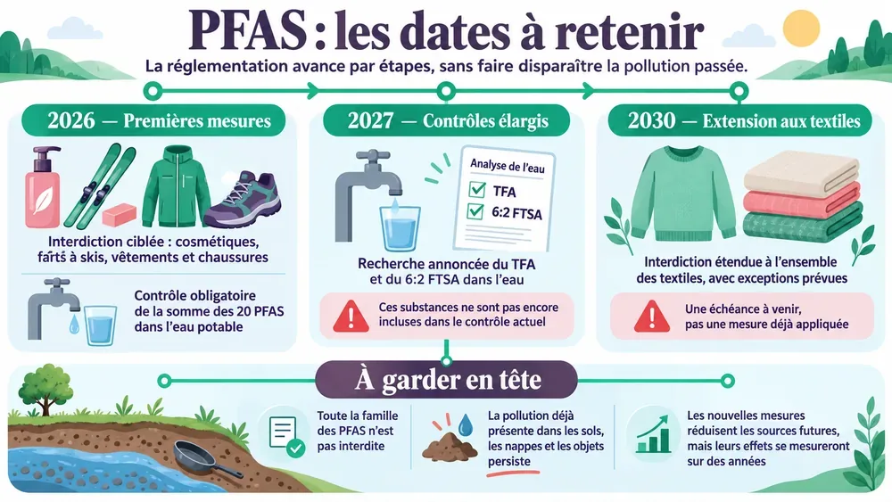 PFAS : les dates à retenir. La réglementation avance par étapes, sans faire disparaître la pollution passée.