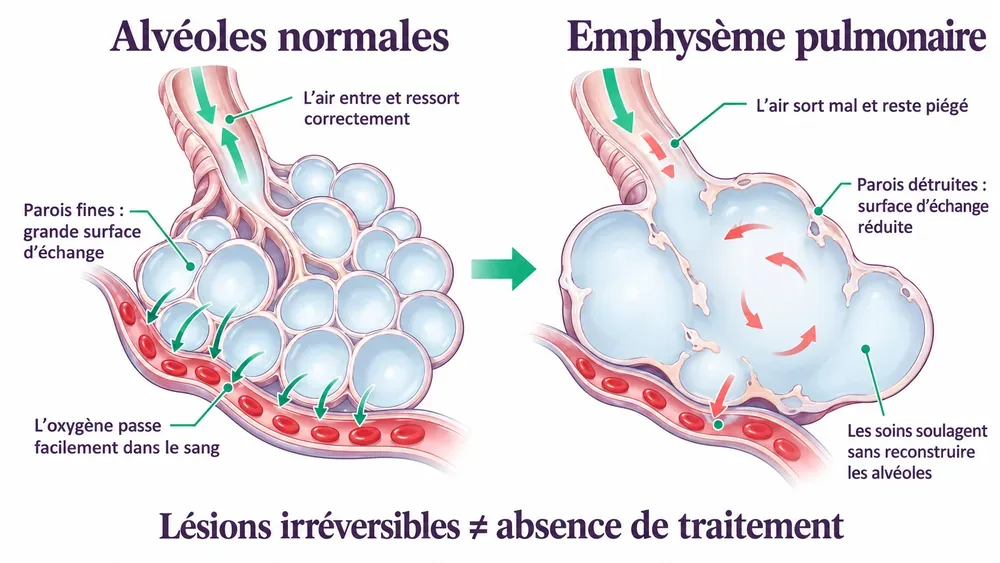 Pourquoi l’emphysème essouffle : les alvéoles détruites échangent moins d’oxygène et retiennent l’air