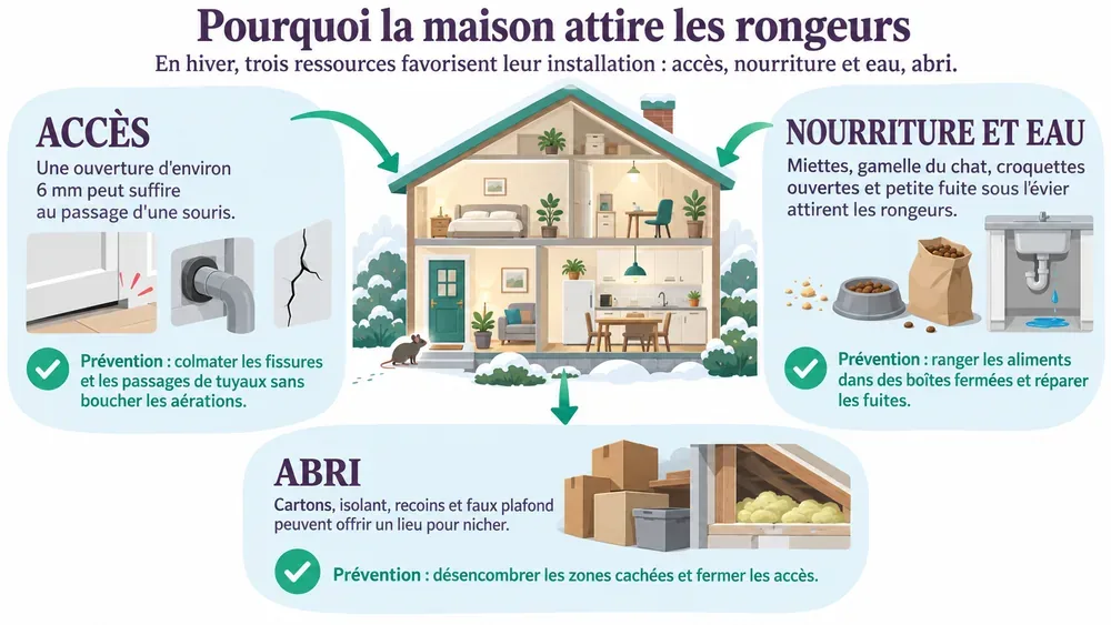 Pourquoi la maison attire les rongeurs. En hiver, trois ressources favorisent leur installation : accès, nourriture et eau, abri.
