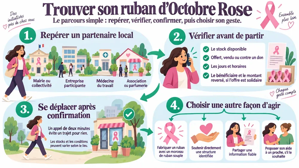 Trouver son ruban d’Octobre Rose. Le parcours simple : repérer, vérifier, confirmer, puis choisir son geste.